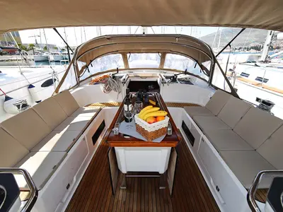 Deck of El Karinjo, a Bavaria Cruiser 56 sailboat at Grad Trogir, Croatia