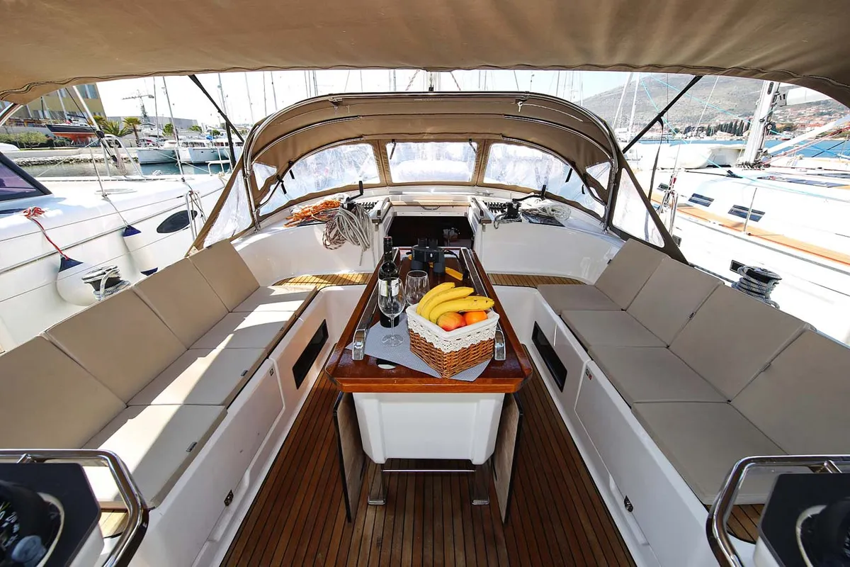Deck of El Karinjo, a Bavaria Cruiser 56 sailboat at Grad Trogir, Croatia