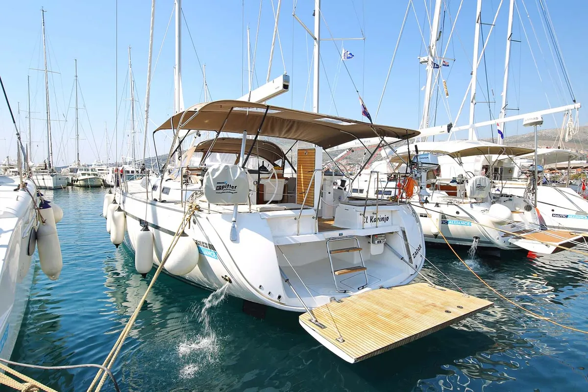Exterior view of El Karinjo, a Bavaria Cruiser 56 sailboat at Grad Trogir, Croatia