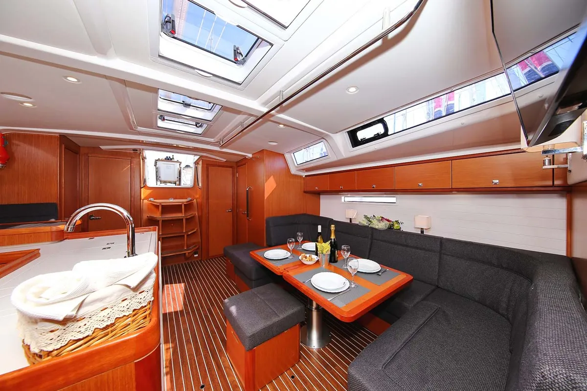 Salon of El Karinjo, a Bavaria Cruiser 56 sailboat at Grad Trogir, Croatia
