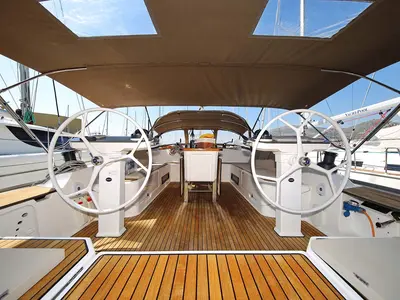 Cockpit of El Karinjo, a Bavaria Cruiser 56 sailboat at Grad Trogir, Croatia