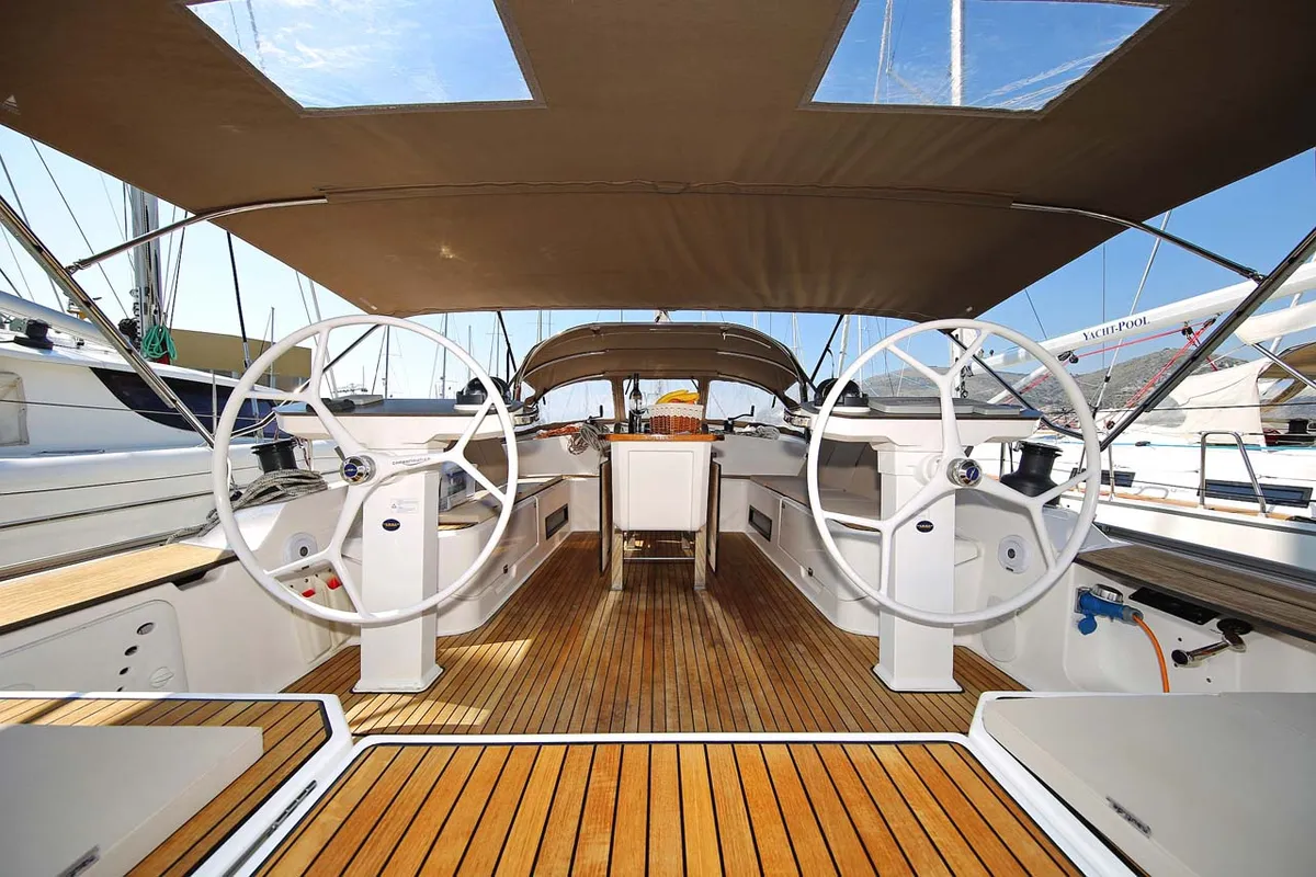 Cockpit of El Karinjo, a Bavaria Cruiser 56 sailboat at Grad Trogir, Croatia