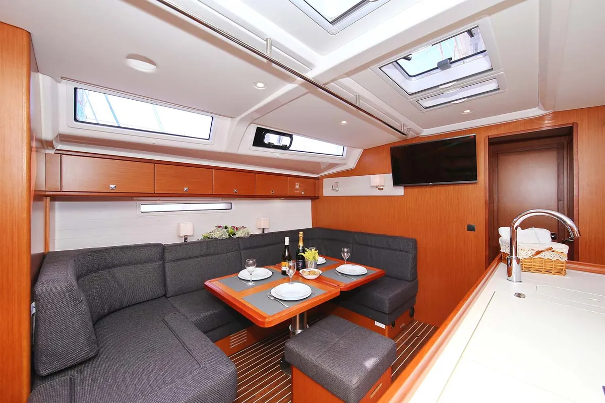 Salon of El Karinjo, a Bavaria Cruiser 56 sailboat at Grad Trogir, Croatia