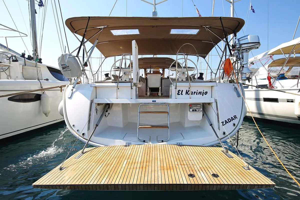 Exterior view of El Karinjo, a Bavaria Cruiser 56 sailboat at Grad Trogir, Croatia