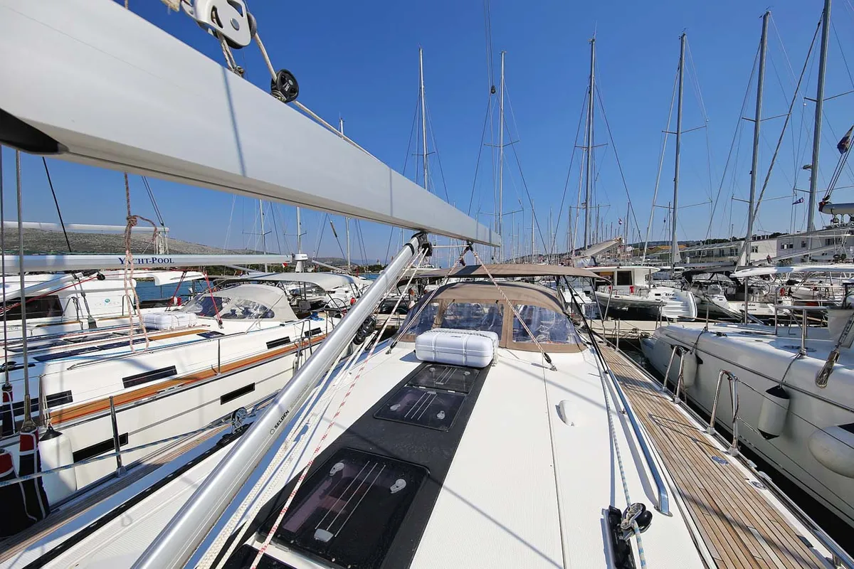 Deck of El Karinjo, a Bavaria Cruiser 56 sailboat at Grad Trogir, Croatia