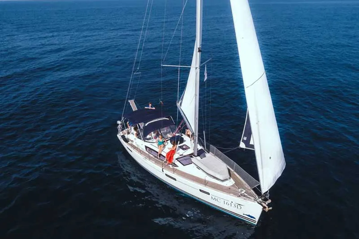 Exterior view of Malandrina, a Jeanneau Sun Odyssey 42DS sailboat at Punta Ala, Italy