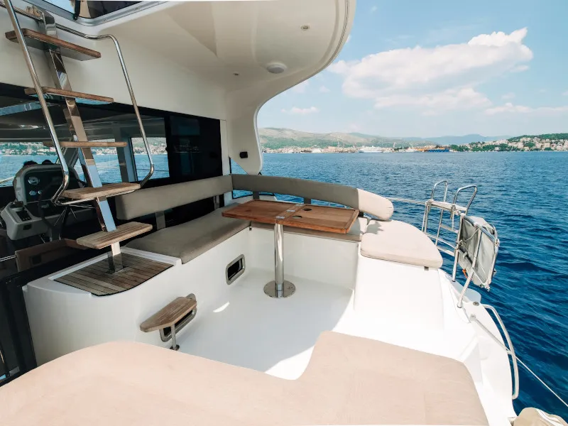 Deck of Danijela, a Bavaria E40 Fly motorboat at Seget Donji, Croatia