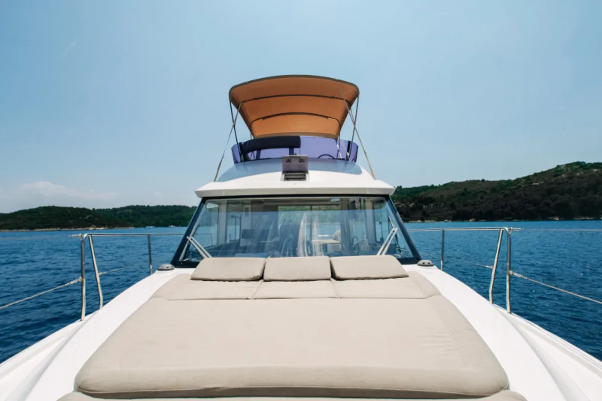 Deck of Danijela, a Bavaria E40 Fly motorboat at Seget Donji, Croatia