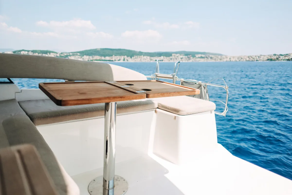 Deck of Danijela, a Bavaria E40 Fly motorboat at Seget Donji, Croatia