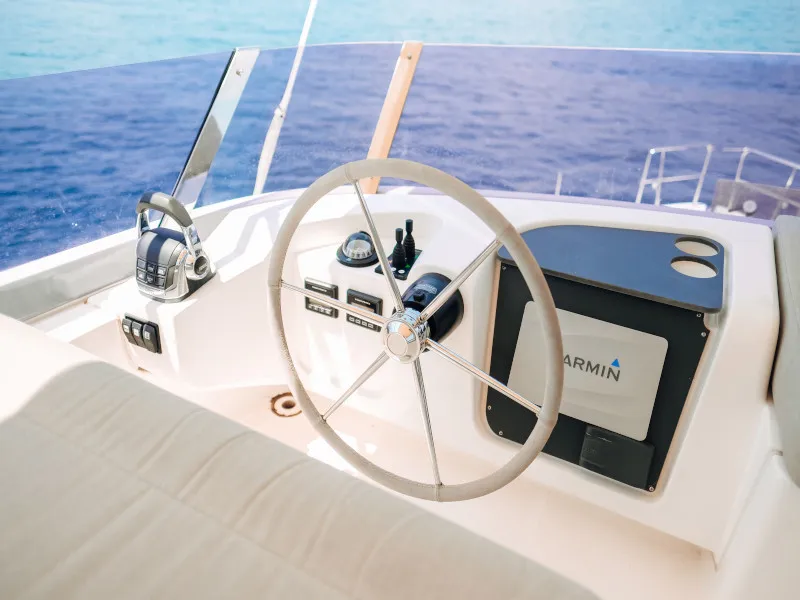 Cockpit of Danijela, a Bavaria E40 Fly motorboat at Seget Donji, Croatia
