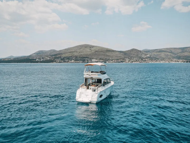 Exterior view of Danijela, a Bavaria E40 Fly motorboat at Seget Donji, Croatia