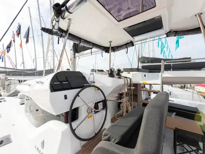 Cockpit of LA ROSE, a Lagoon 43 catamaran at Split, Croatia