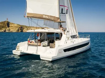 Exterior view of Sanemiro , a Bali 4.2 catamaran at Roche Caiman, Seychelles