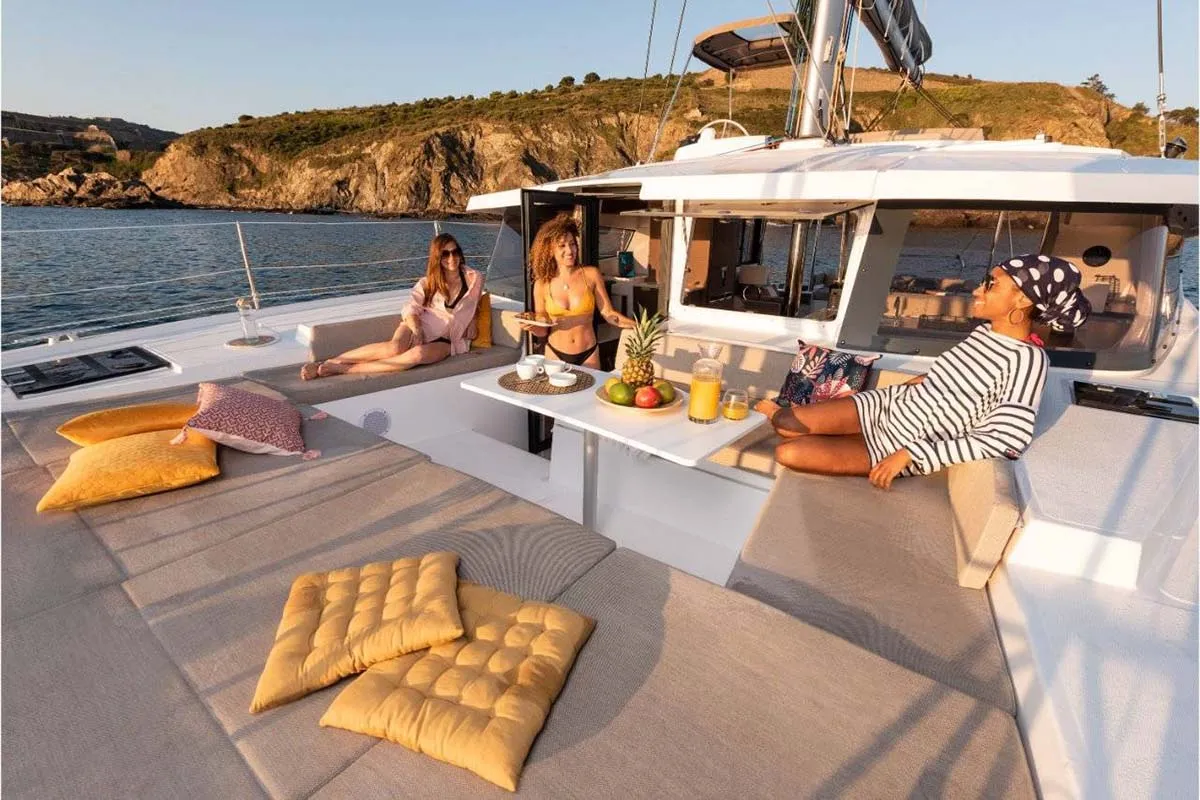 Deck of Sanemiro , a Bali 4.2 catamaran at Roche Caiman, Seychelles