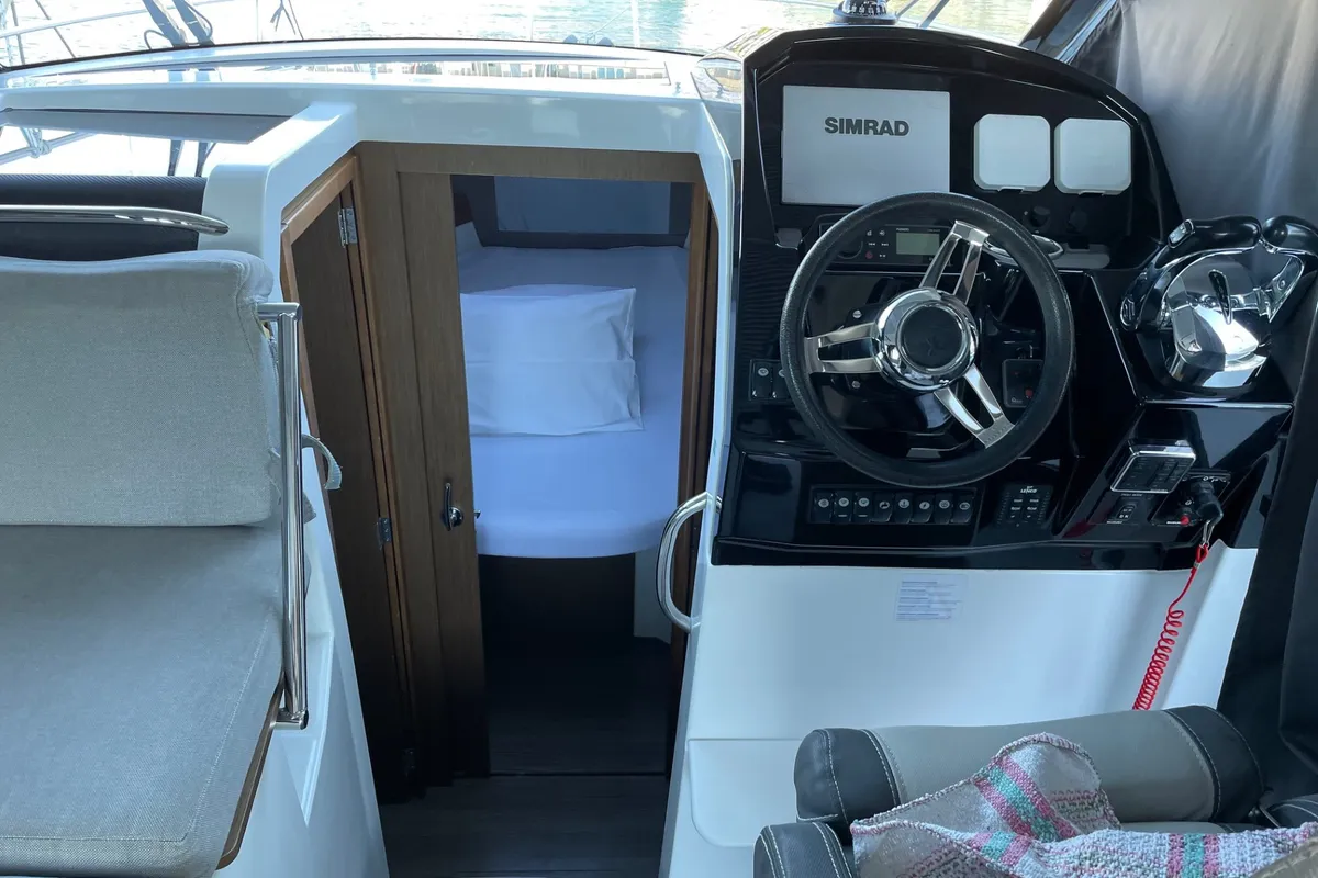 Cockpit of Riva, a Jeanneau Merry Fisher 895 motorboat at Grad Biograd na Moru, Croatia