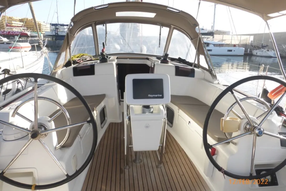 Cockpit of Para elli, a Jeanneau Sun Odyssey 419 sailboat at San Miguel de Abona, Spain
