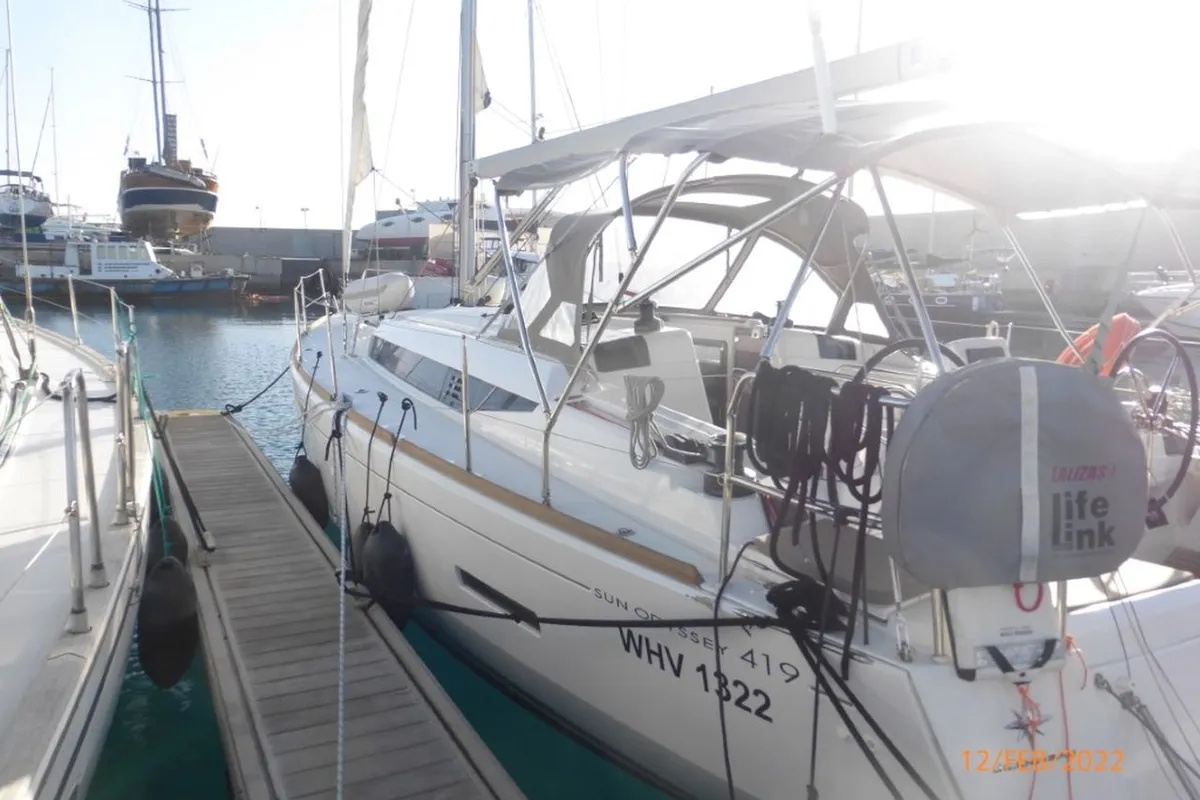 Exterior view of Para elli, a Jeanneau Sun Odyssey 419 sailboat at San Miguel de Abona, Spain