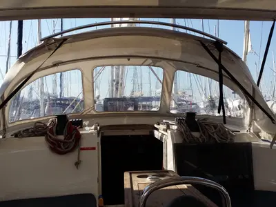 Cockpit of Faethon, a Bavaria 46 Cruiser sailboat at Preveza, Greece