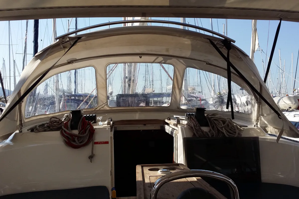 Cockpit of Faethon, a Bavaria 46 Cruiser sailboat at Preveza, Greece