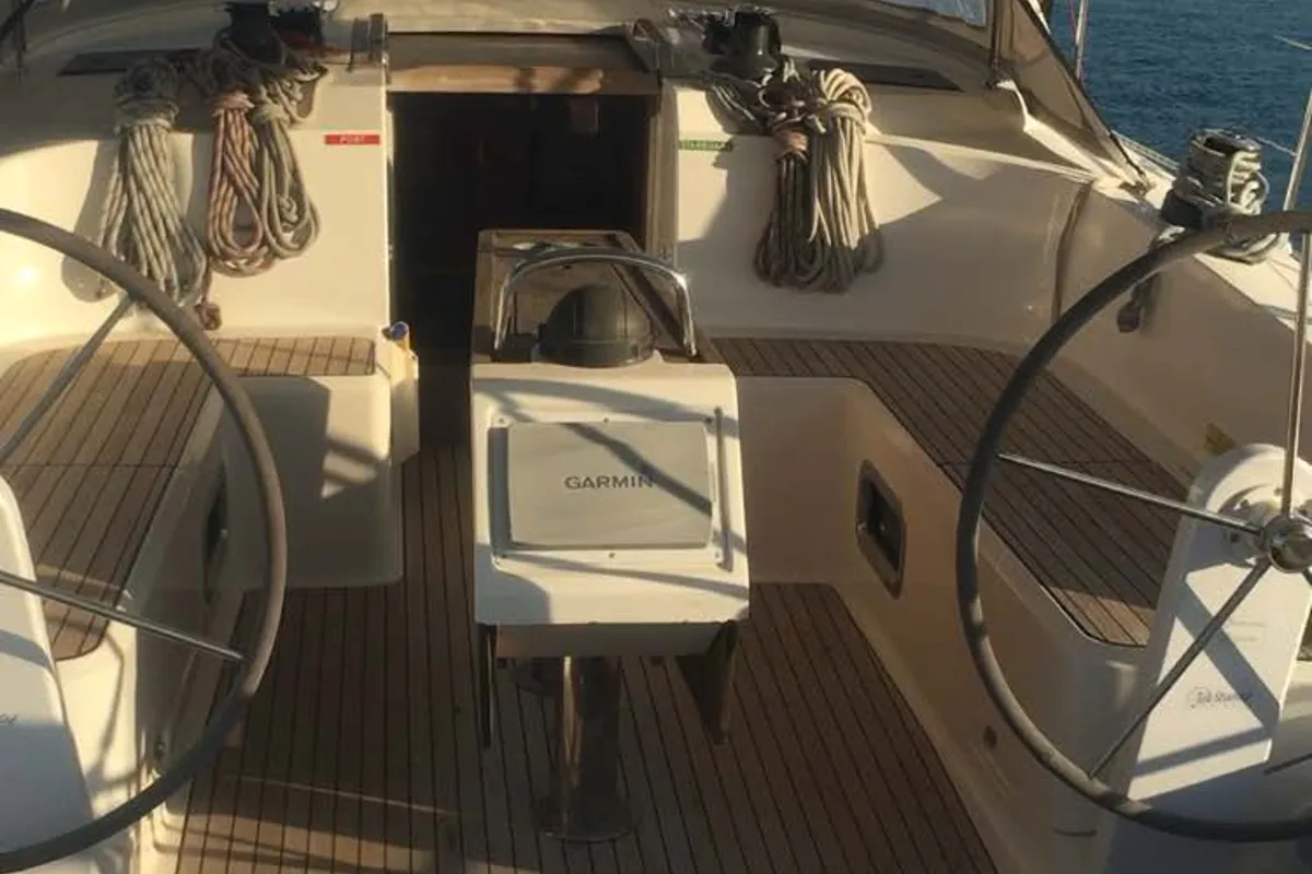 Cockpit of Faethon, a Bavaria 46 Cruiser sailboat at Preveza, Greece