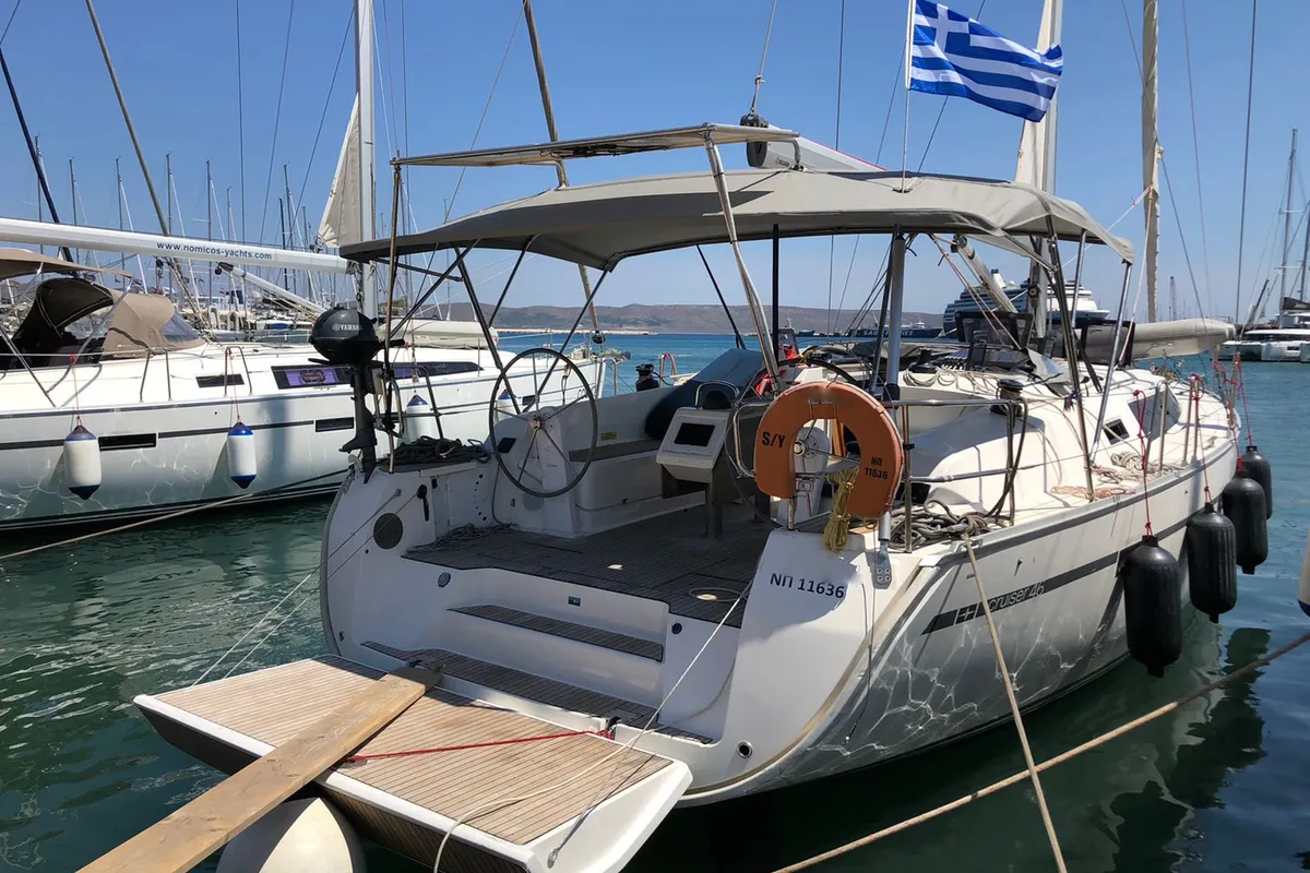 Exterior view of Faethon, a Bavaria 46 Cruiser sailboat at Preveza, Greece