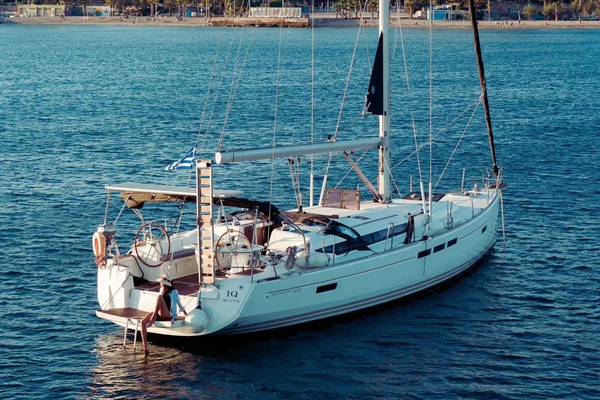Exterior view of IQ, a Jeanneau Sun Odyssey 509 sailboat at Athens, Greece