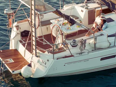 Deck of IQ, a Jeanneau Sun Odyssey 509 sailboat at Athens, Greece
