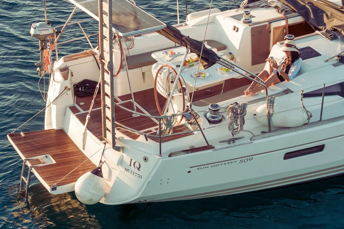 Deck of IQ, a Jeanneau Sun Odyssey 509 sailboat at Athens, Greece