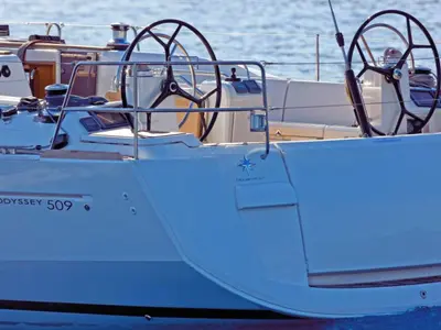 Cockpit of IQ, a Jeanneau Sun Odyssey 509 sailboat at Athens, Greece