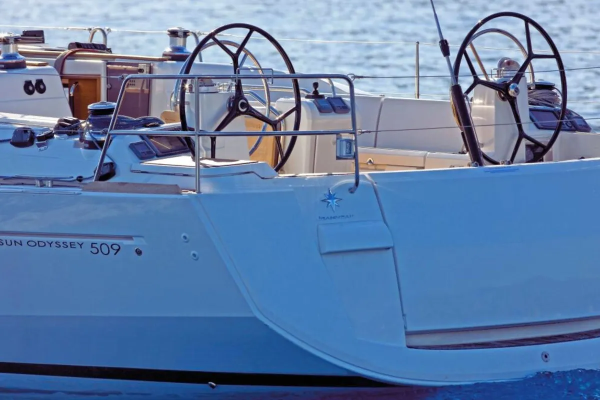 Cockpit of IQ, a Jeanneau Sun Odyssey 509 sailboat at Athens, Greece