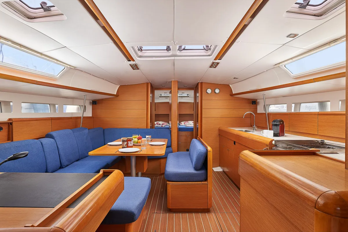 Salon of IQ, a Jeanneau Sun Odyssey 509 sailboat at Athens, Greece