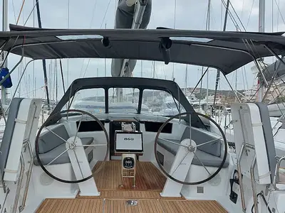 Cockpit of Polynoe, a Hanse 418 sailboat at Lavrion, Greece