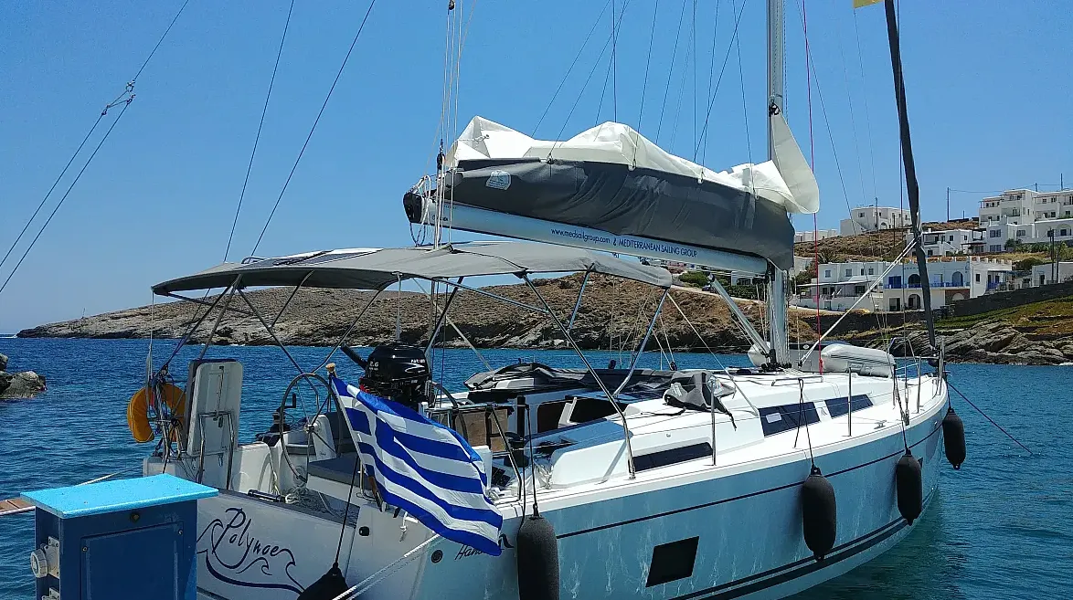 Exterior view of Polynoe, a Hanse 418 sailboat at Lavrion, Greece