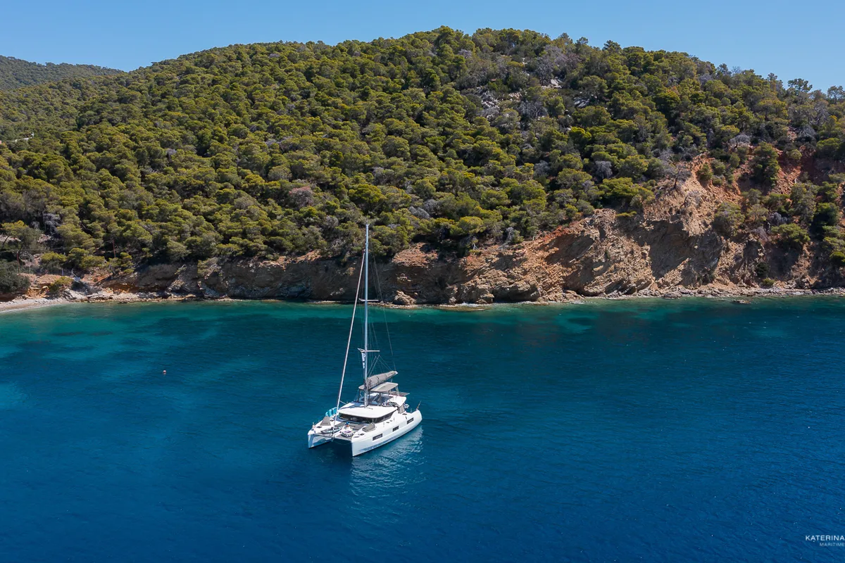 Exterior view of El Marita, a Lagoon 46 catamaran at Municipal Unit of Lefkada, Greece