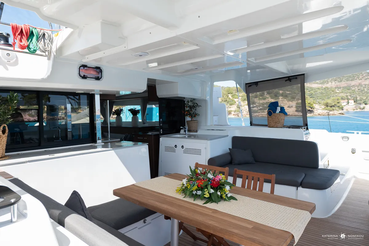Deck of El Marita, a Lagoon 46 catamaran at Municipal Unit of Lefkada, Greece