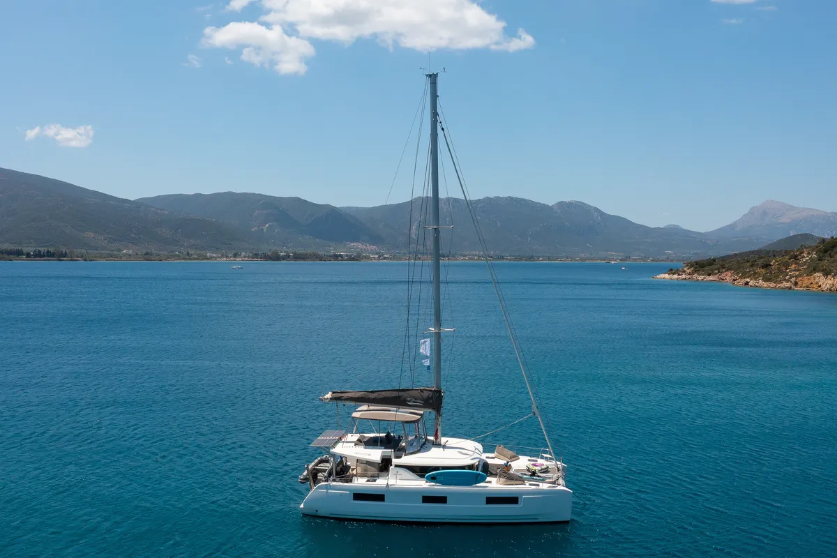 Exterior view of El Marita, a Lagoon 46 catamaran at Municipal Unit of Lefkada, Greece