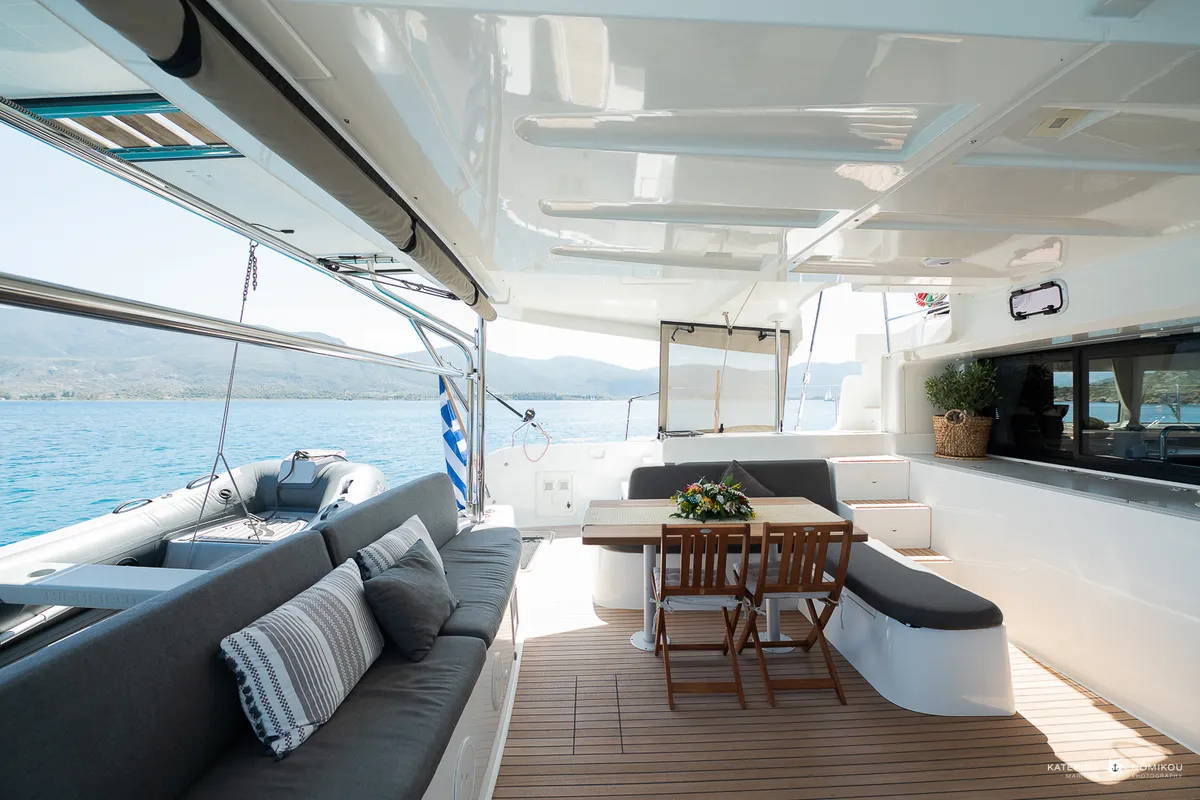 Deck of El Marita, a Lagoon 46 catamaran at Municipal Unit of Lefkada, Greece