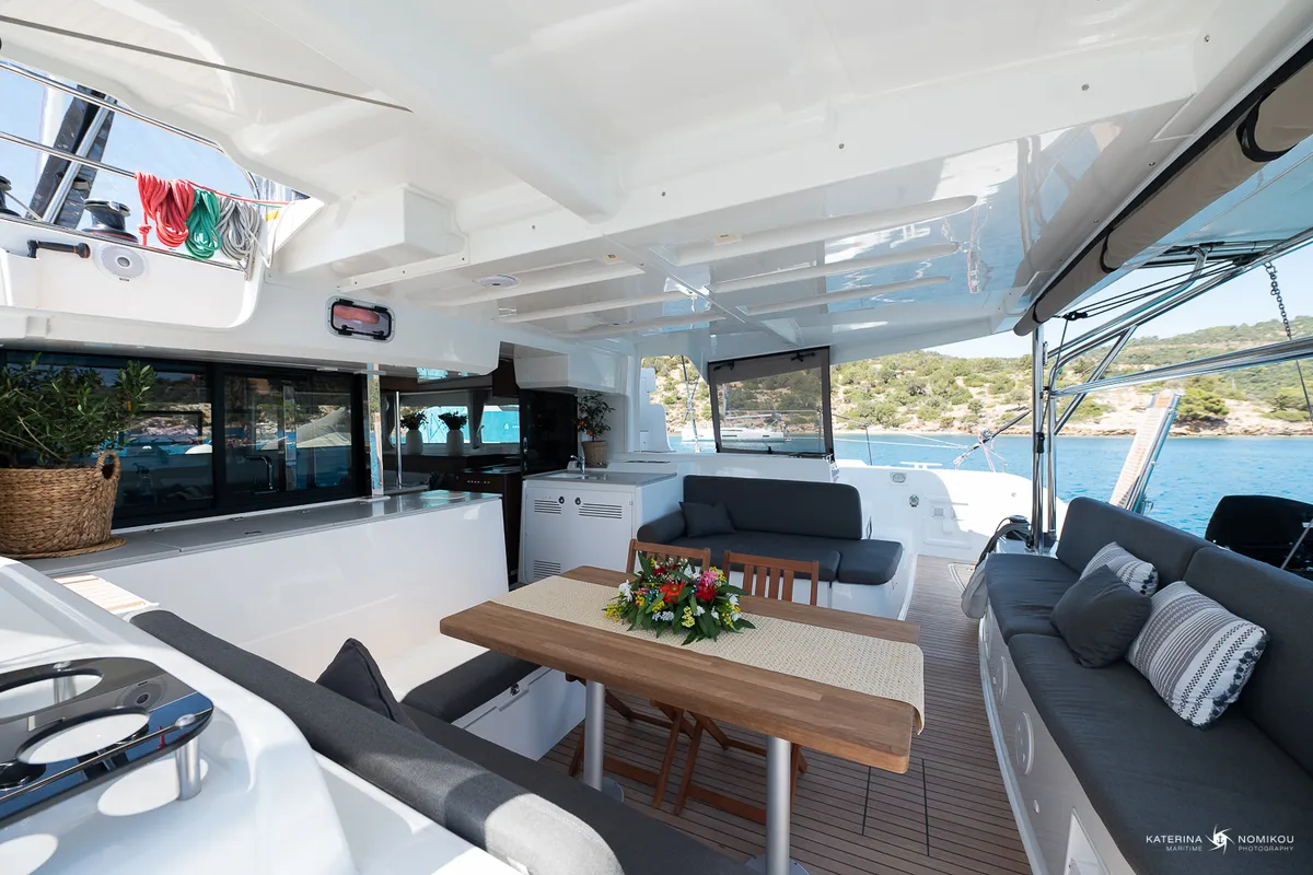 Deck of El Marita, a Lagoon 46 catamaran at Municipal Unit of Lefkada, Greece