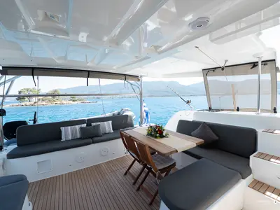 Deck of El Marita, a Lagoon 46 catamaran at Municipal Unit of Lefkada, Greece