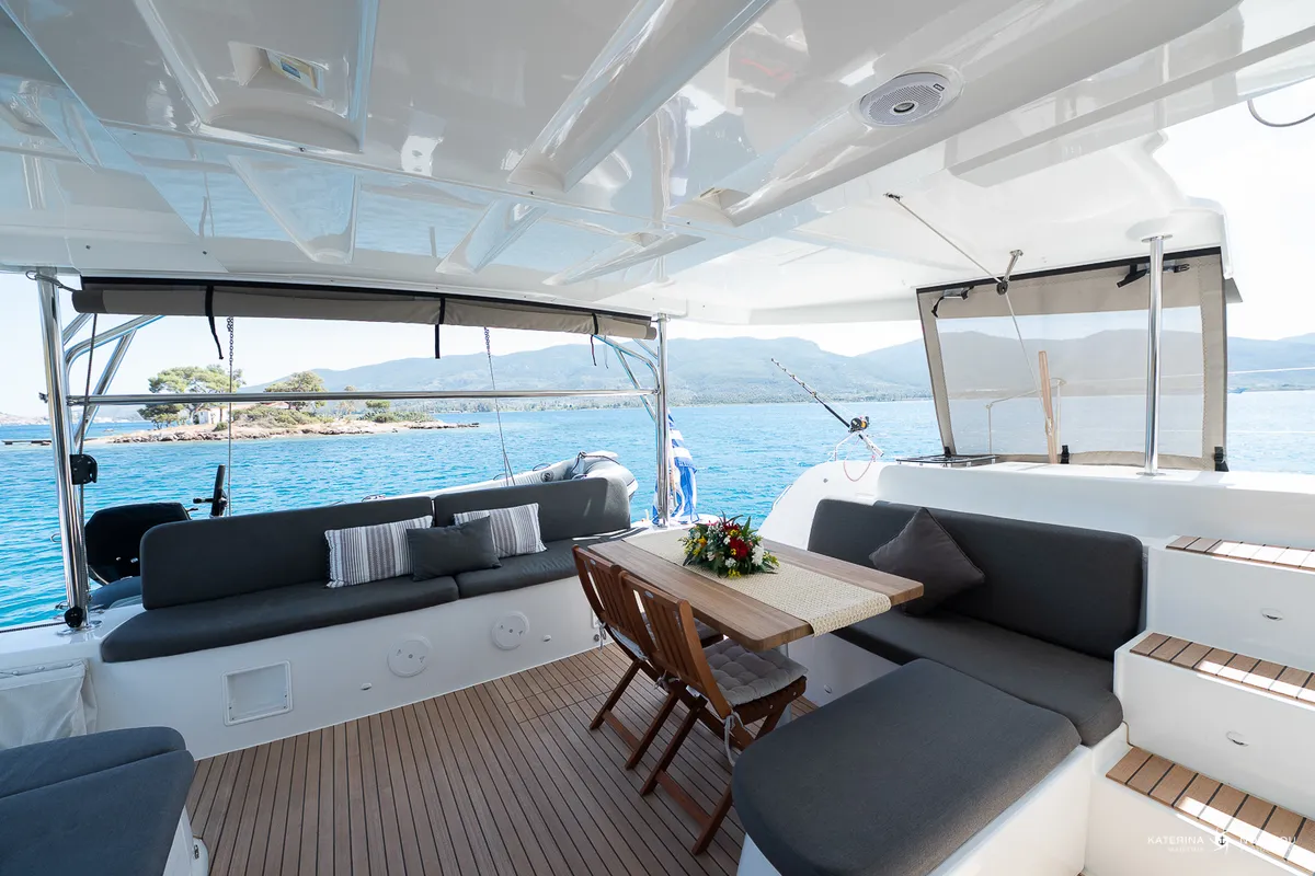 Deck of El Marita, a Lagoon 46 catamaran at Municipal Unit of Lefkada, Greece