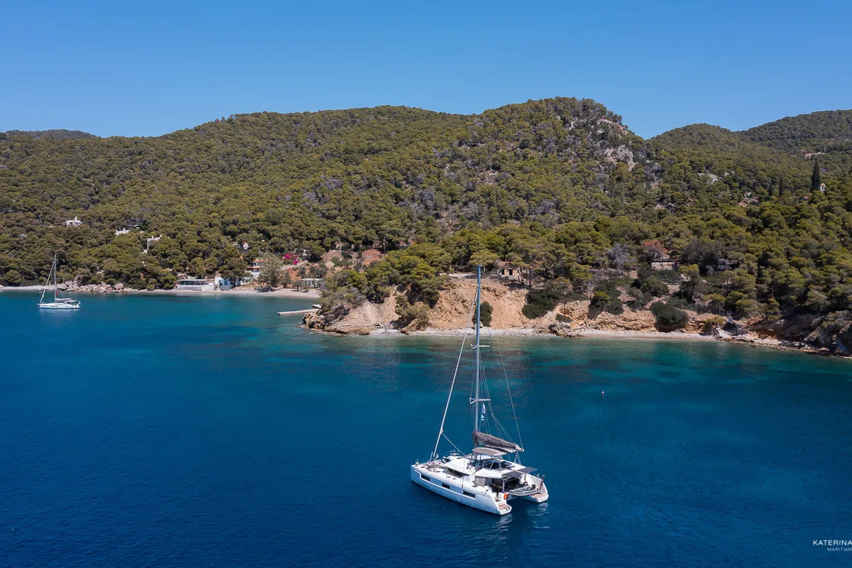 Exterior view of El Marita, a Lagoon 46 catamaran at Municipal Unit of Lefkada, Greece