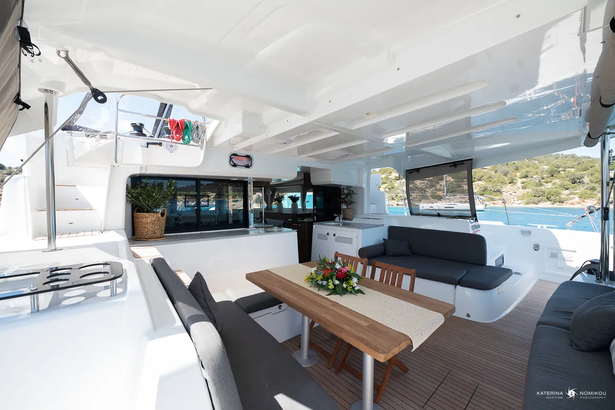 Deck of El Marita, a Lagoon 46 catamaran at Municipal Unit of Lefkada, Greece