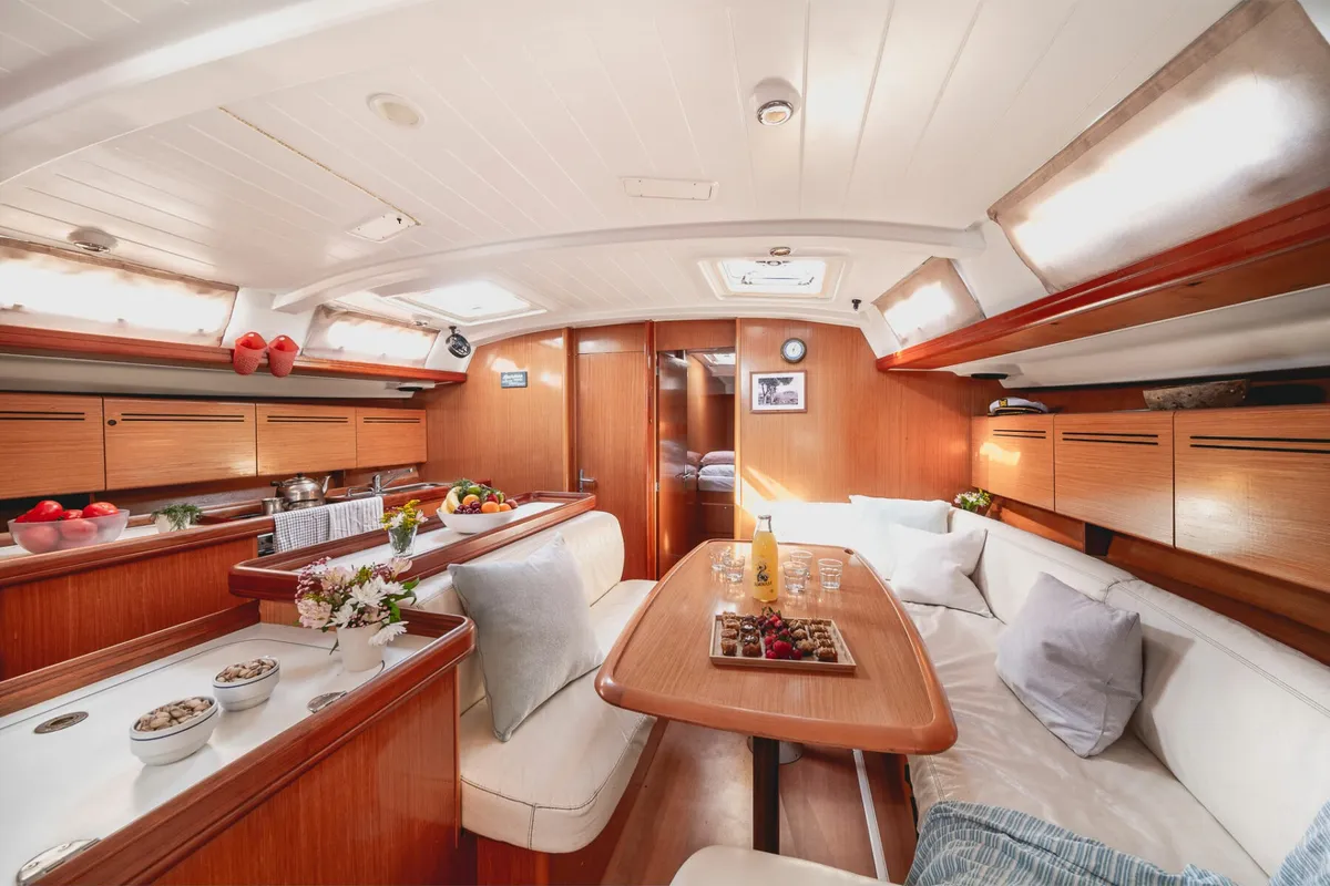 Salon of ZORBA, a Beneteau Cyclades 50.5 sailboat at Aegina, Greece