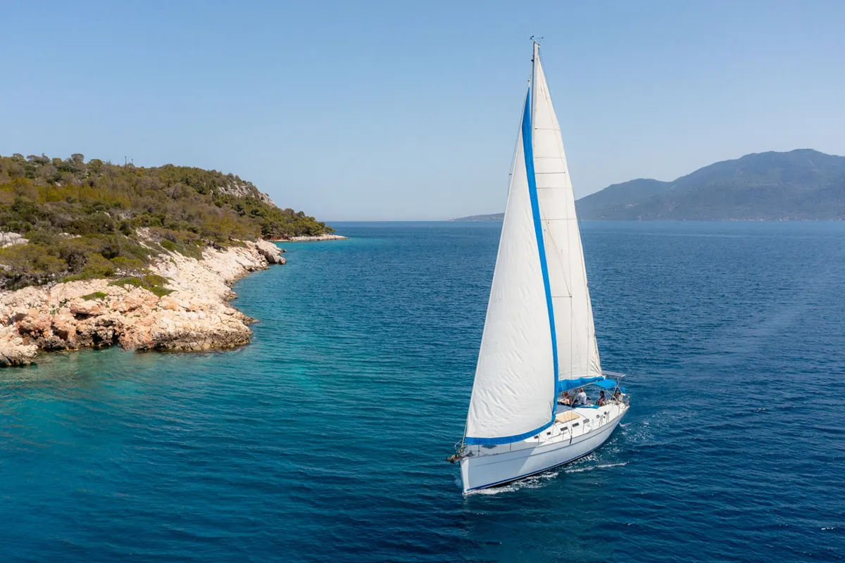 Exterior view of ZORBA, a Beneteau Cyclades 50.5 sailboat at Aegina, Greece