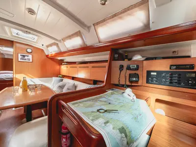 Salon of ZORBA, a Beneteau Cyclades 50.5 sailboat at Aegina, Greece