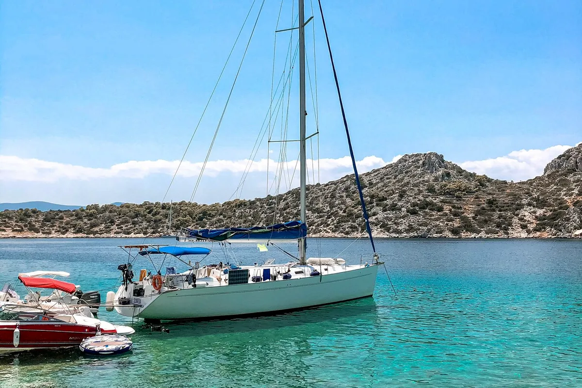 Exterior view of ZORBA, a Beneteau Cyclades 50.5 sailboat at Aegina, Greece