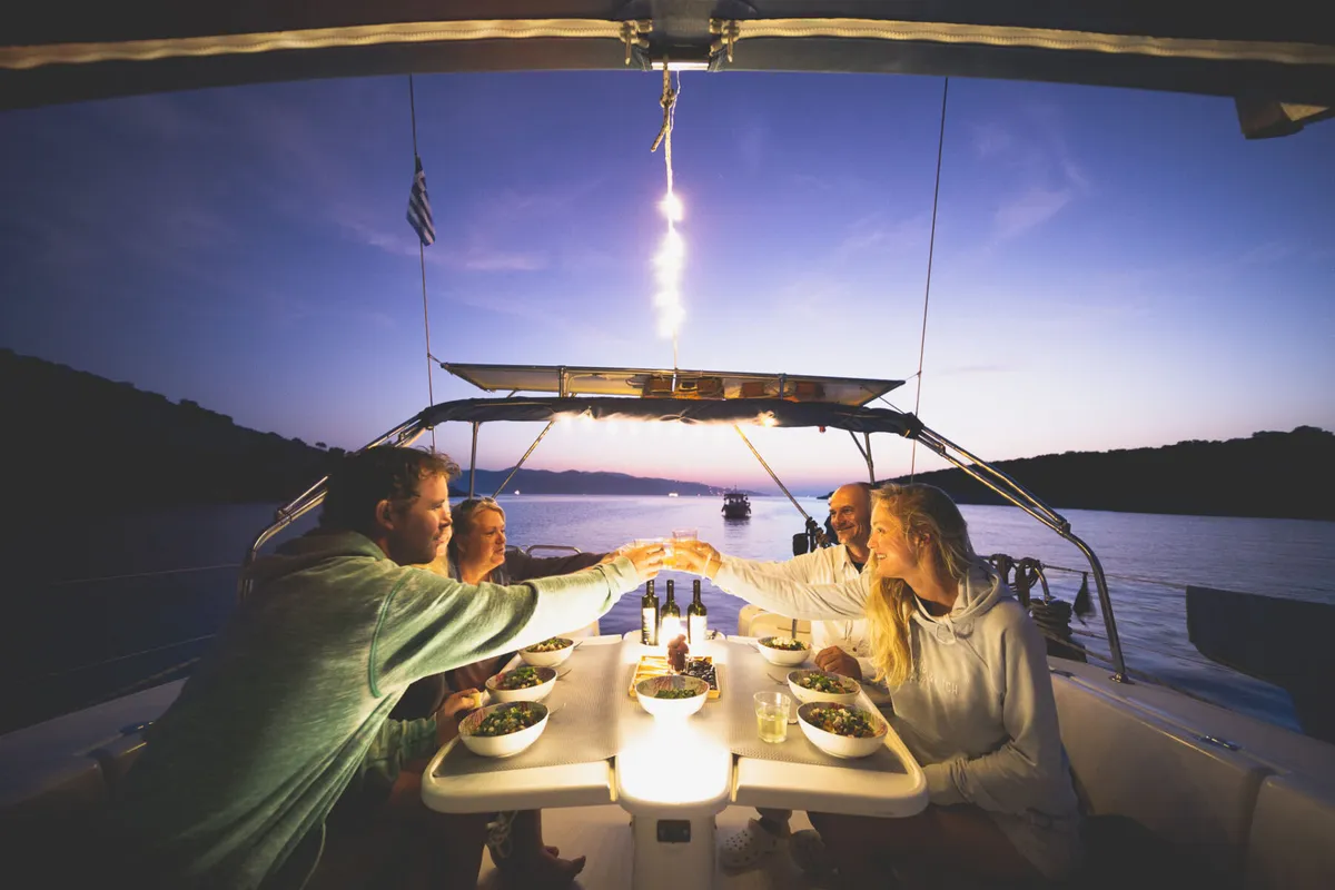 Deck of ZORBA, a Beneteau Cyclades 50.5 sailboat at Aegina, Greece