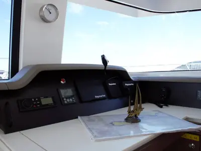 Cockpit of Magic 3, a Bali 4.3 catamaran at Castellammare di Stabia, Italy