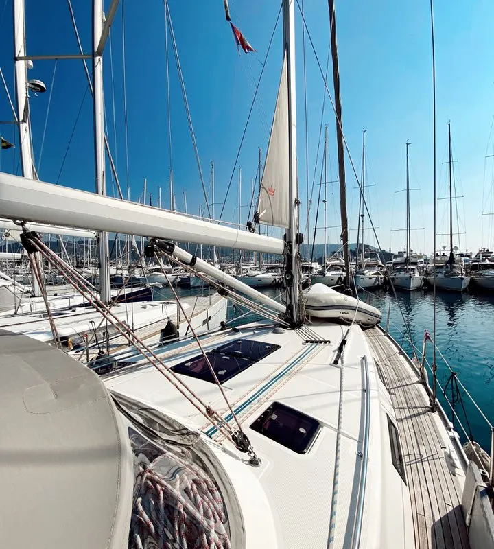 Deck of Spark-1, a Bavaria Cruiser 40 sailboat at Bodrum, Turkey