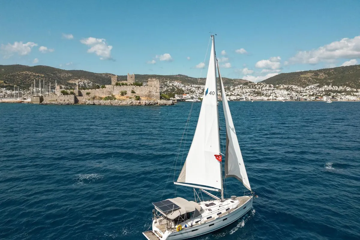 Exterior view of Spark-1, a Bavaria Cruiser 40 sailboat at Bodrum, Turkey